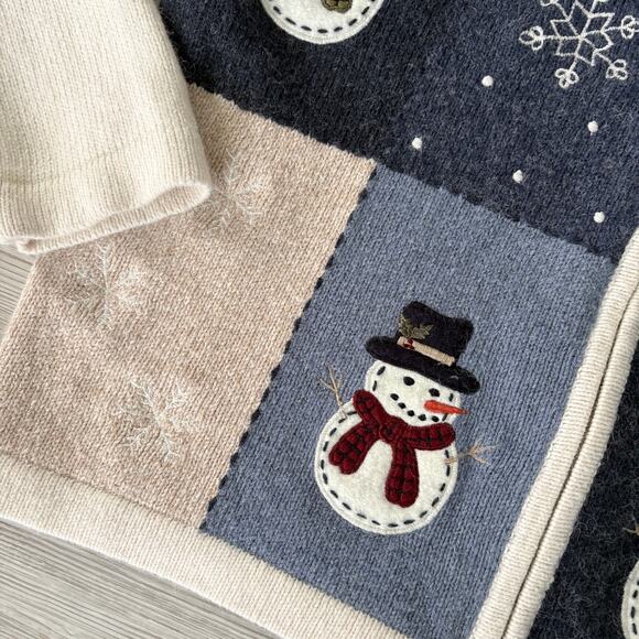 Croft & Barrow Snowman Cardigan L Patchwork Embroidered Grannycore Holiday - Picture 2 of 9